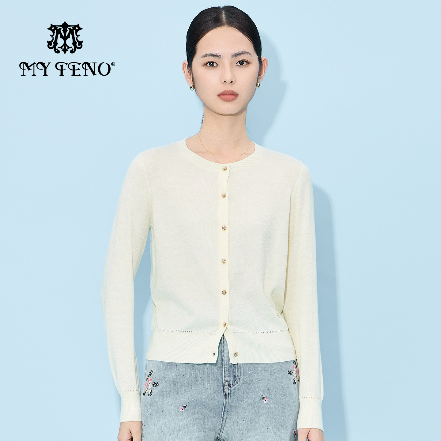 马天奴圆领单排扣提花针织开衫