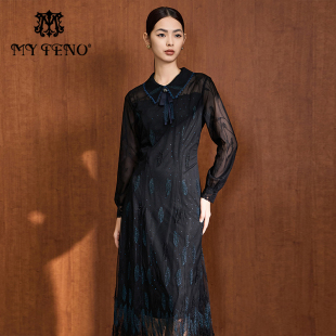 气质女装 马天奴春夏新款 黑色翻领刺绣网纱连衣裙子超好看收腰时尚