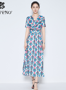 马天奴2025夏新款法式瑰纹华影蓝色印花连衣裙钉珠收腰优雅显瘦