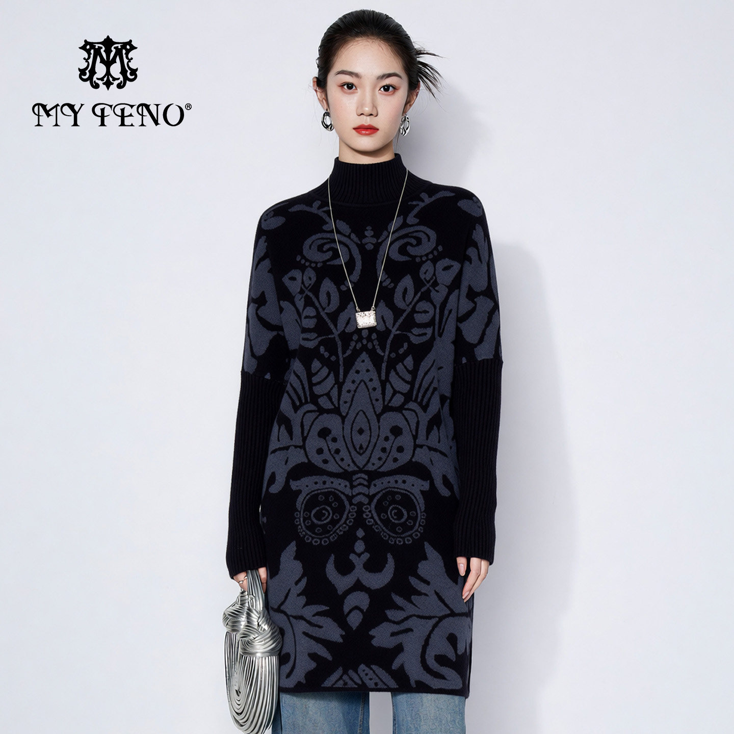 马天奴女装春秋新款黑色提花针织连衣裙子高领长袖气质复古百搭