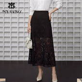 马天奴2026春夏新款 黑色半身裙半裙子高腰A摆时尚 百搭气质复古女