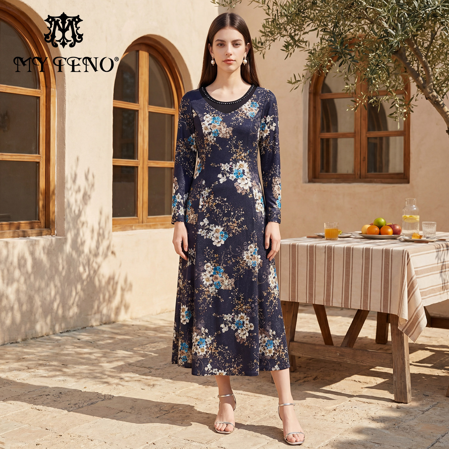 马天奴2025冬季新款橘色印花钉珠花边圆领连衣裙子收腰长袖气质女,女装/女士精品,连衣裙,淘宝优惠券,粉丝福利购,淘宝优惠卷