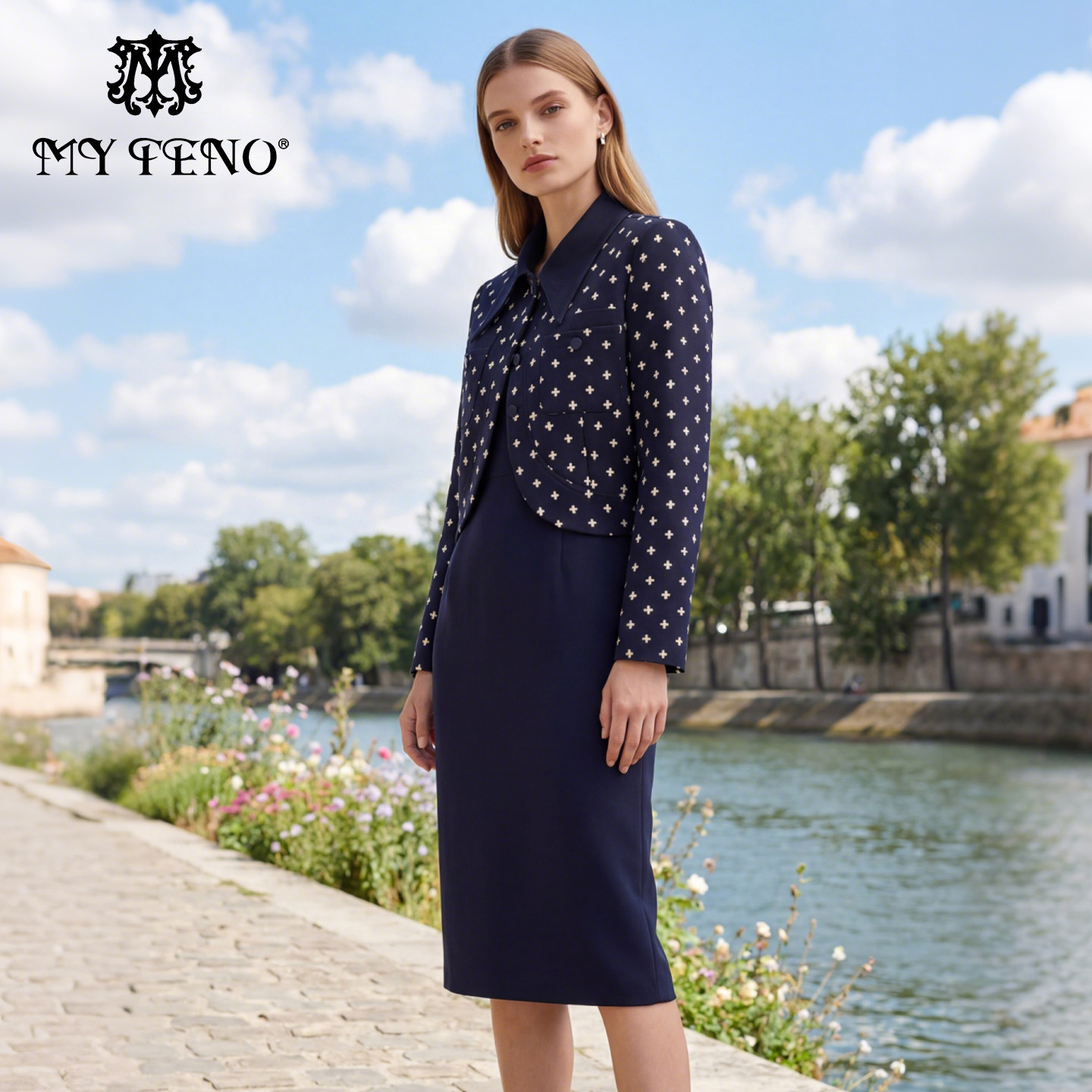 马天奴2024秋季新款蓝色印花翻领外套修身连衣裙子两件套装时尚,女装/女士精品,时尚套装,淘宝优惠券,粉丝福利购,淘宝优惠卷