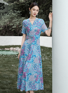 马天奴2025夏季新款蓝绣玑束法式蓝色钉珠印花连衣裙长裙收腰显瘦