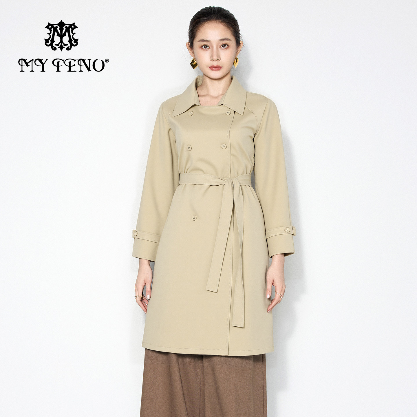 马天奴2025冬季新款卡其色纯棉翻领双排扣风衣外套中长款绑带收腰,女装/女士精品,风衣,淘宝优惠券,粉丝福利购,淘宝优惠卷