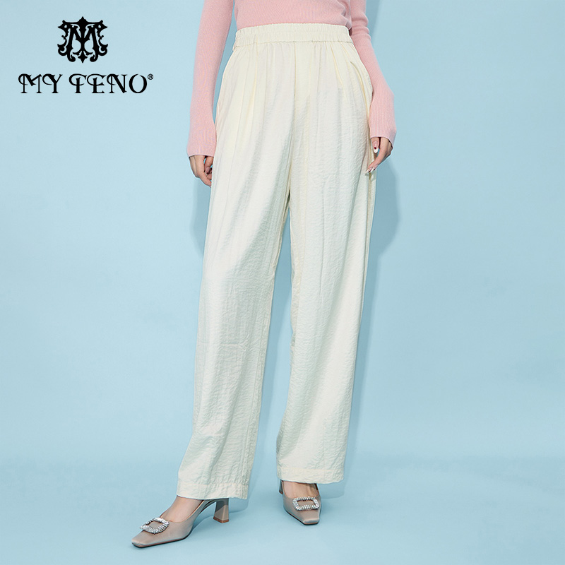 马天奴杏色松紧腰宽松休闲裤