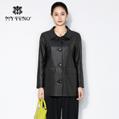 马天奴2025秋冬新款 黑色翻领单排扣绵羊皮衣外套中长廓形时尚 流行