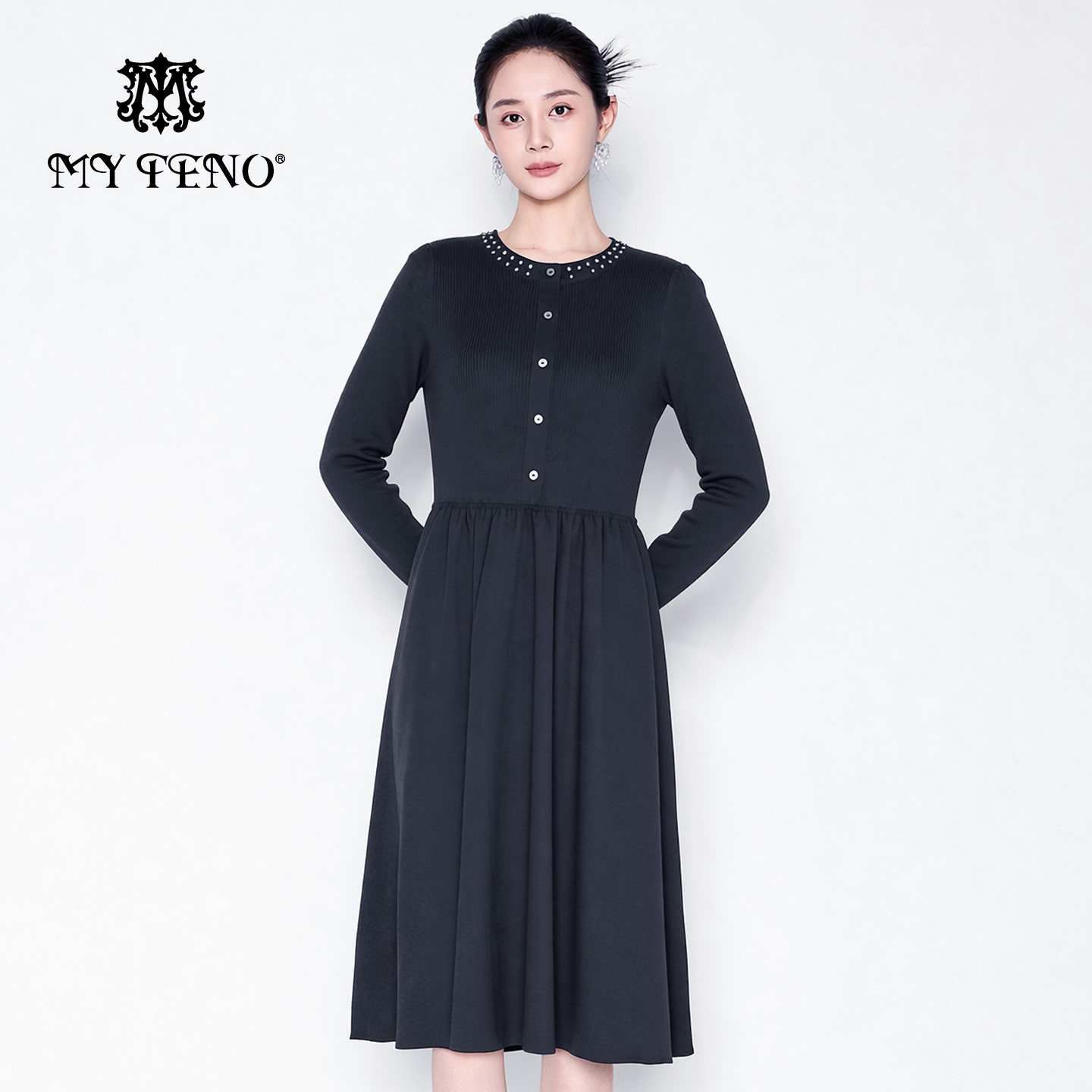 马天奴2026春夏新款灰色圆领长袖针织拼接连衣裙子收腰气质时尚女,女装/女士精品,连衣裙,淘宝优惠券,粉丝福利购,淘宝优惠卷