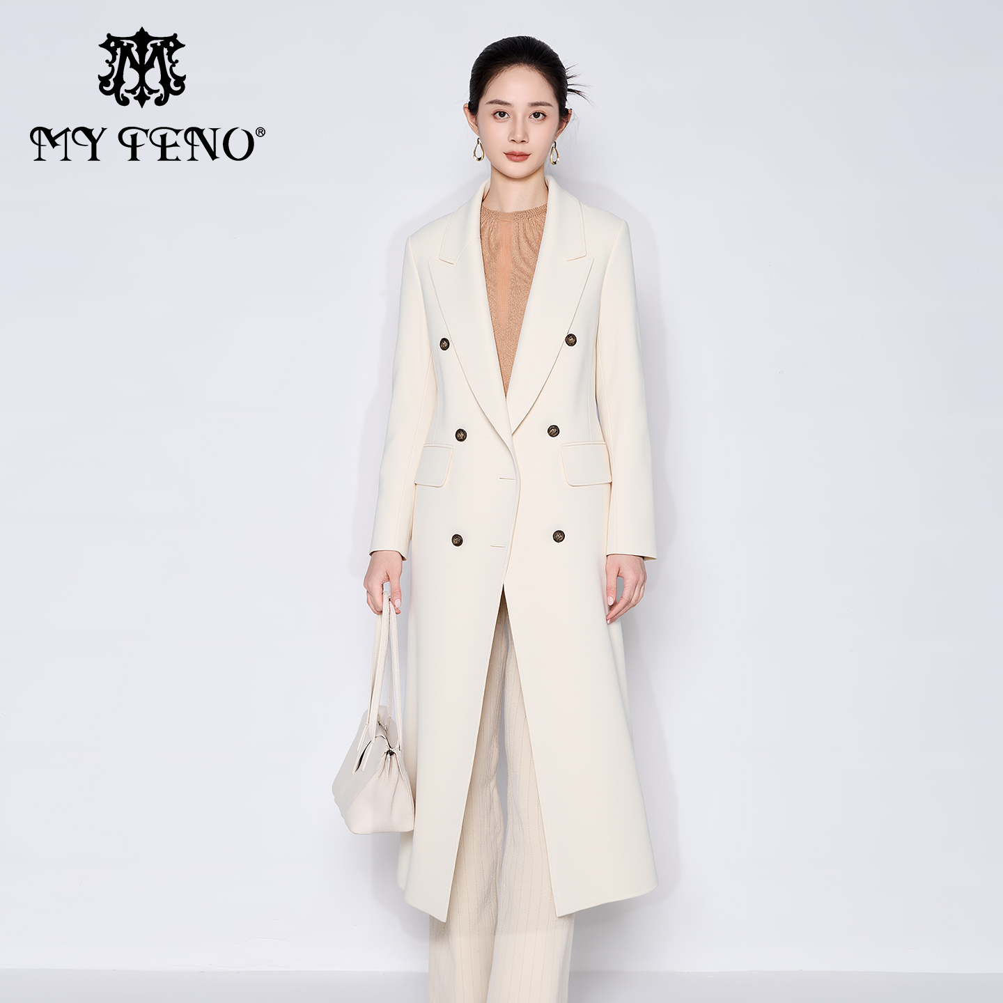 马天奴米白长款羊毛混纺呢大衣