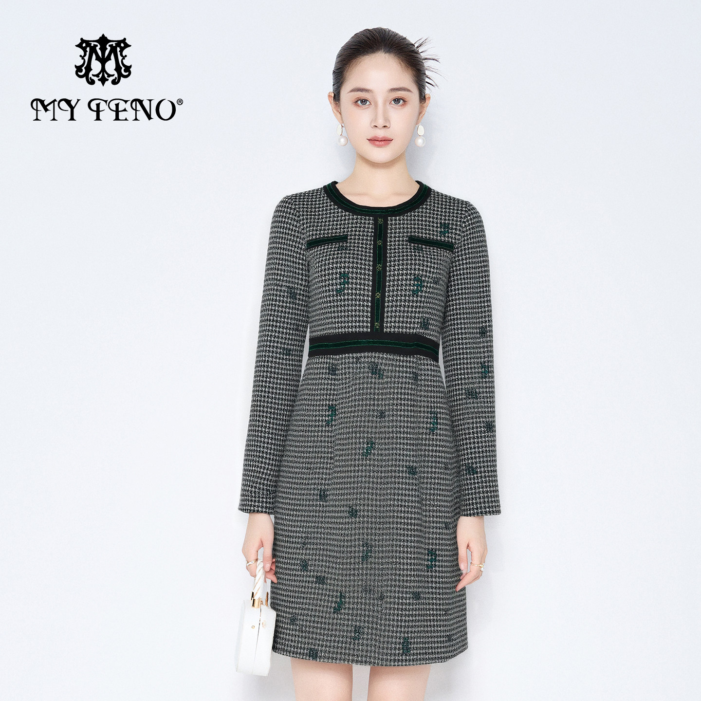 马天奴女装春秋新款灰色千鸟格提花针织连衣裙子圆领长袖修身气质