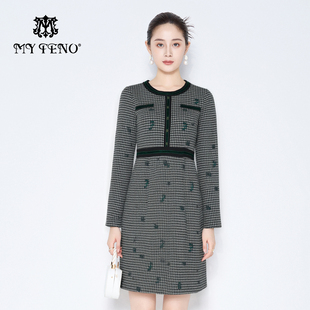 修身 灰色千鸟格提花针织连衣裙子圆领长袖 气质 新款 马天奴2025冬季
