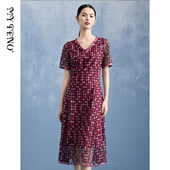 马天奴春夏新款 气质 A摆连衣裙子时尚 玫红V领刺绣网纱收腰修身 短袖