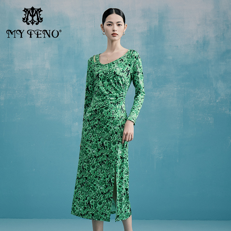 马天奴绿色印花开衩连衣裙