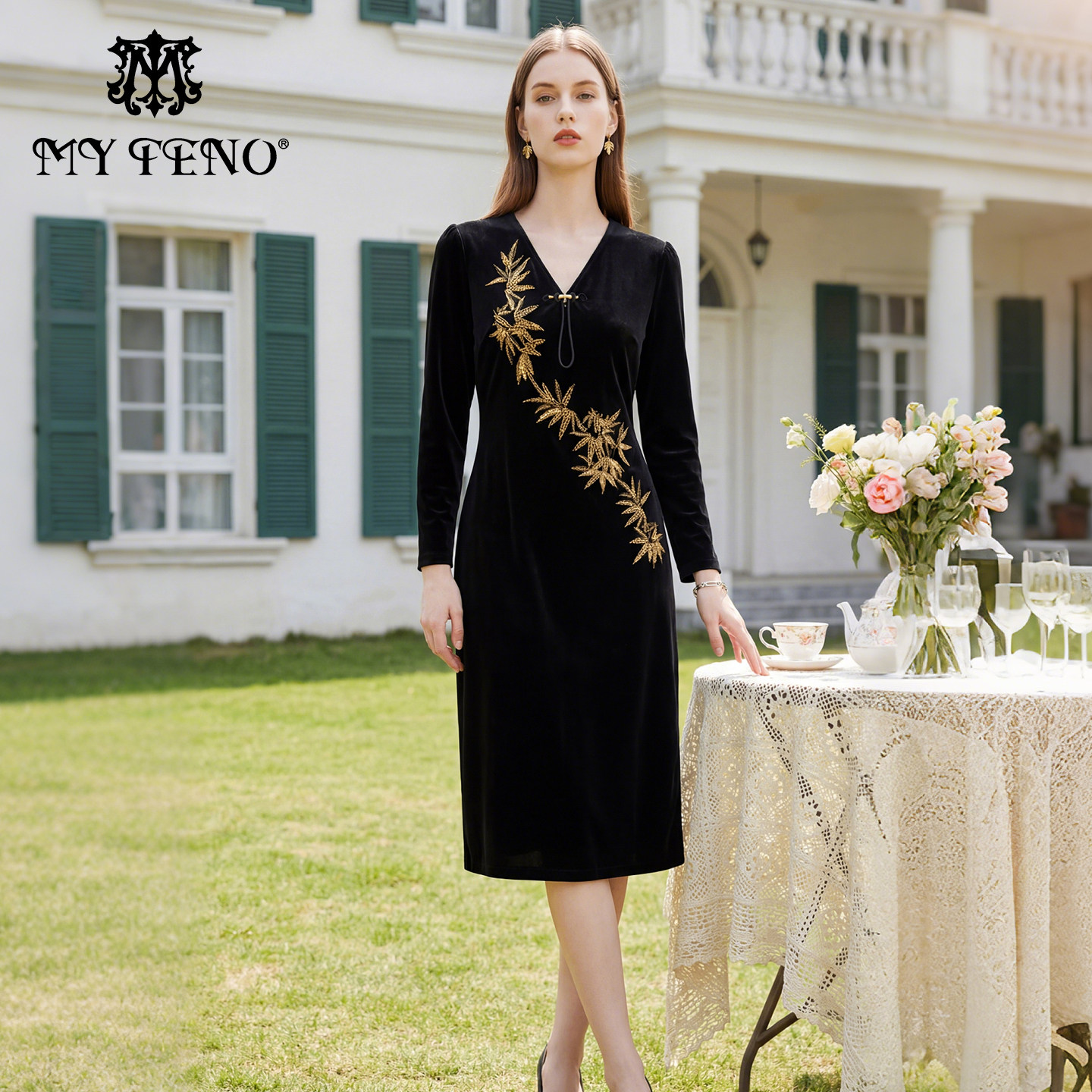 马天奴秋冬女黑色钉珠绣花连衣裙子V领镂空收腰长袖国风气质时尚,女装/女士精品,连衣裙,淘宝优惠券,粉丝福利购,淘宝优惠卷
