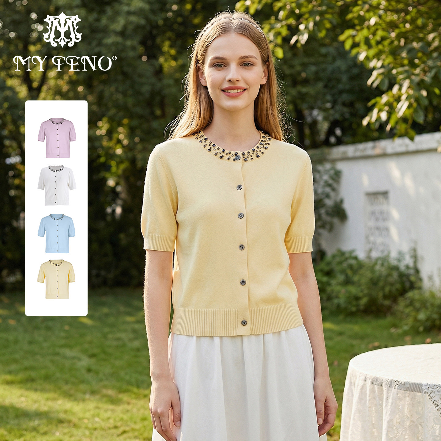 【绮蓝衿】马天奴女装春夏新款杏色圆领钉珠针织开衫短袖气质上衣