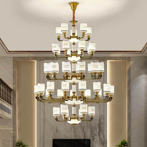 新款新中式吊灯别墅复式楼大气吊灯锌合金玉石四层五层现代大吊灯