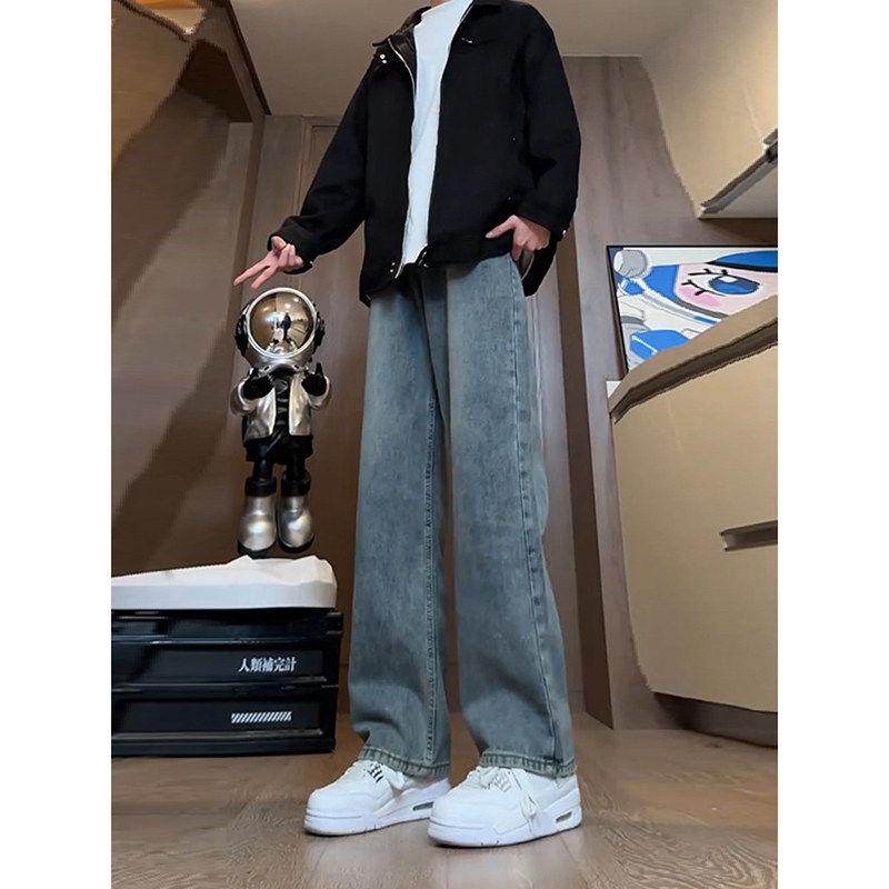 灰蓝色水洗牛仔裤男加长款190高个子裤子美式高街微喇宽松直筒裤