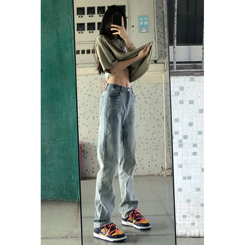 浅蓝色牛仔裤男加长版高个子秋季欧美ootd裤子穿搭美式高街直筒裤