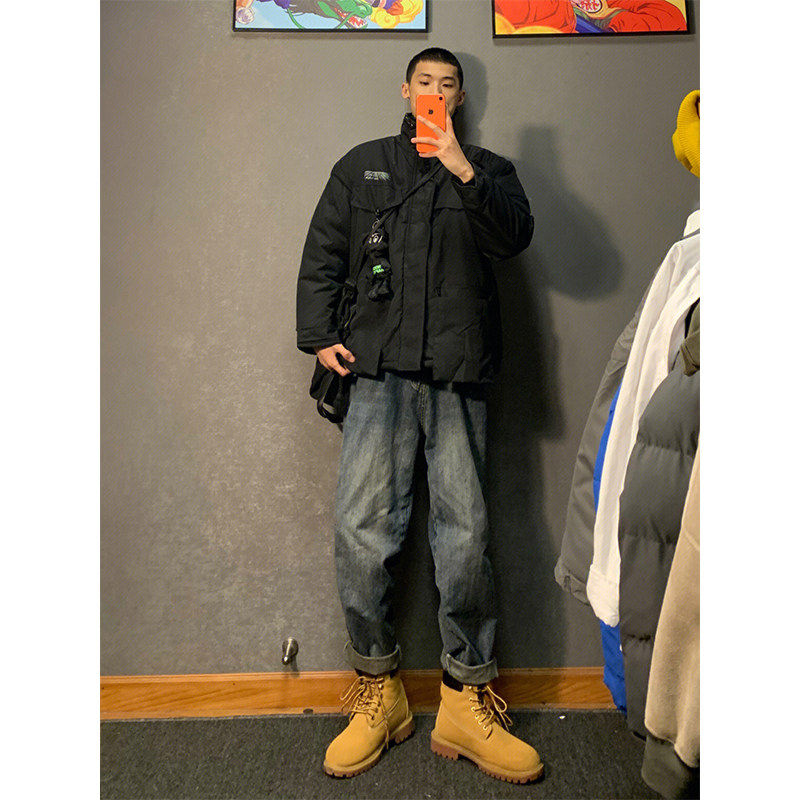 搭配马丁靴的裤子男款春秋日系直筒牛仔裤宽松阔腿工装裤ootd穿搭