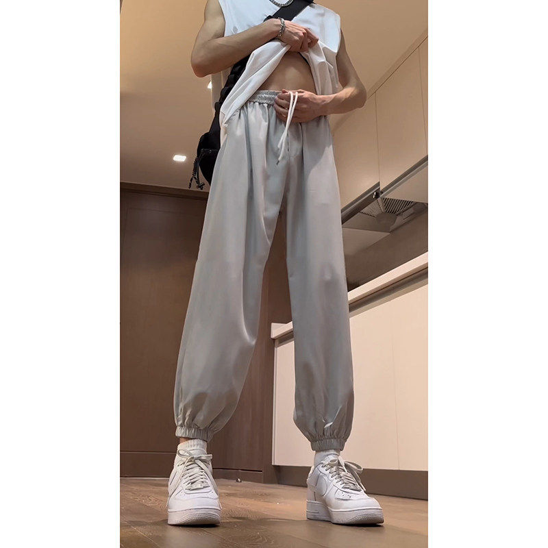 浅灰色冰丝裤男款夏季薄款日系裤子小个子九分束脚运动裤速干八分