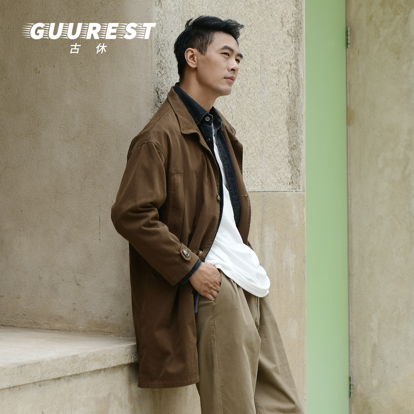 【古休GuuRest】水洗棉重磅纯棉风衣春秋纯色宽松复古休闲男外套
