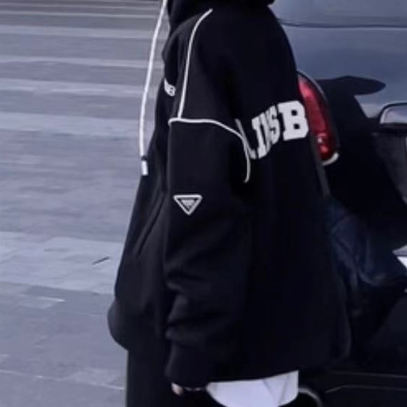 极速欧货拉链短外套女冬时尚贴标B休闲运动连帽卫衣超火ins潮炸街