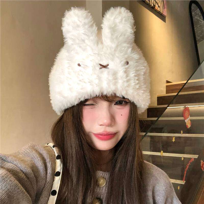 新款秋冬韩版可爱甜美兔耳朵毛绒帽子女保暖防寒毛线帽百搭针织帽