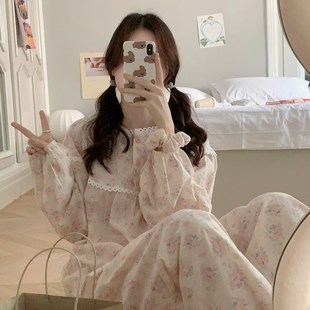 宽松可外穿睡 韩版 甜美蕾丝宫廷风睡衣s女棉麻长袖 长裤 家居服套装