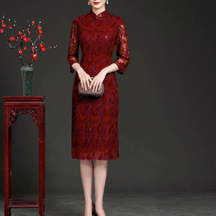 蕾絲結(jié)婚禮服媽媽年輕o喜婆婆婚宴裝 高貴旗袍修身 洋裝 2023年新款