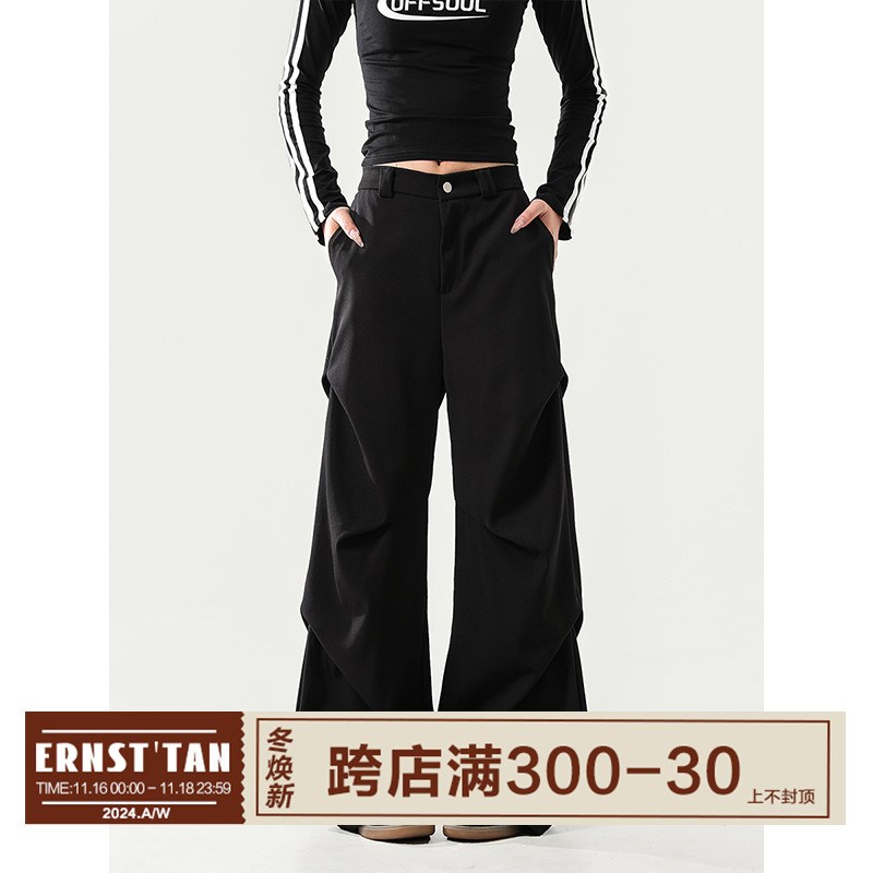 工装褶皱伞兵裤女宽松高级感黑A色休闲裤美式小众设计感新款长裤