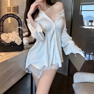 高级感缎面衬衫睡衣性感男友风睡裙女款白色蕾丝大码长袖宽松套装