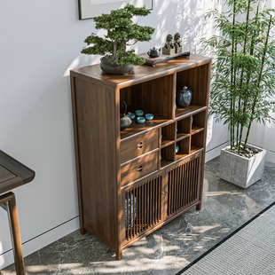 新中式餐边柜立柜酒柜斗柜墙边柜靠墙柜禅意茶叶柜实木黑胡桃木色