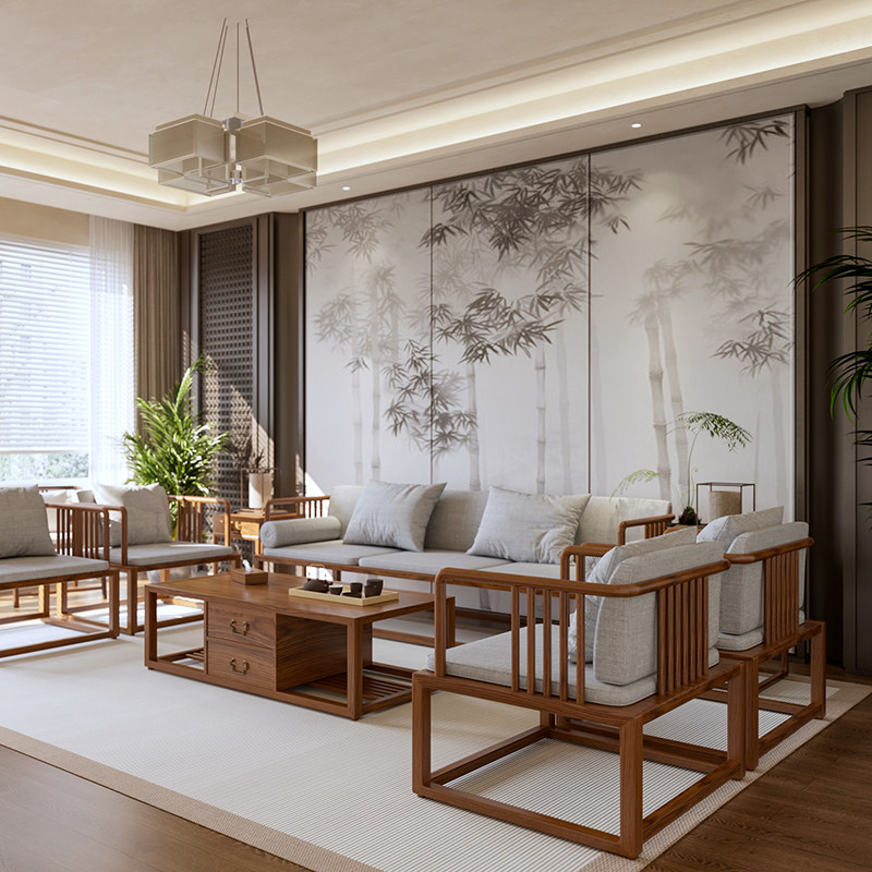 新中式实木沙发组合真皮轻奢宋氏美学侘寂高端家具别墅客厅家用