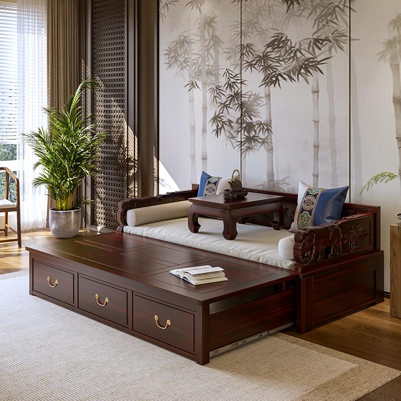新中式两用罗汉床沙发组合床客厅实木贵妃榻推拉伸缩小户型休闲床
