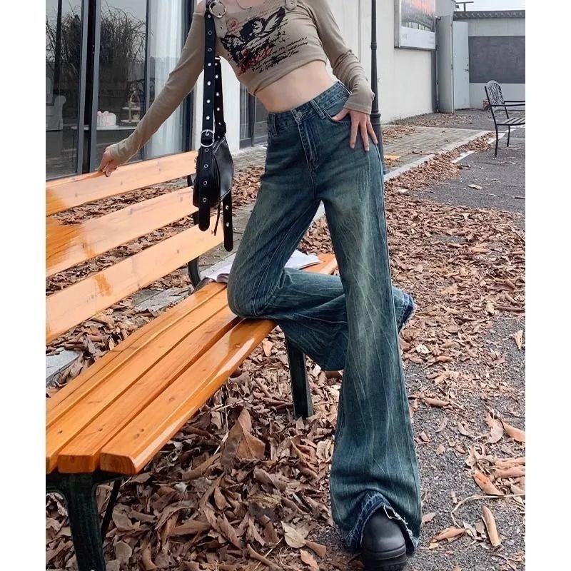 美式复古毛边微喇牛仔裤女秋冬20C24年新款高腰显瘦宽松拖地喇叭