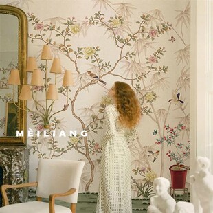 中式法式花鸟壁纸客厅电视沙发背景墙定制墙布美式复古风墙纸