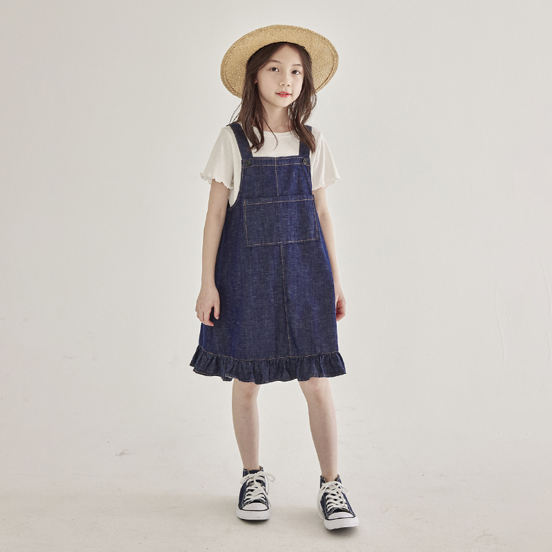 女童荷叶裙摆牛仔裙202t3夏季新款时尚百搭女宝连衣裙儿童背带长