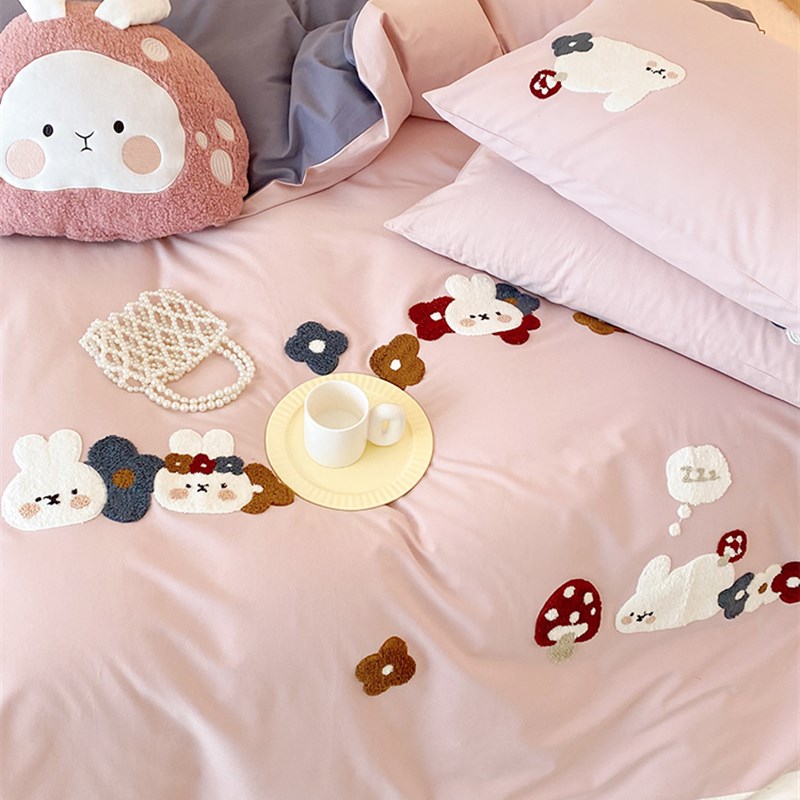 公主风磨毛c四件套全棉50支轻柔毛巾绣可爱被套 卡通亲肤床上用品
