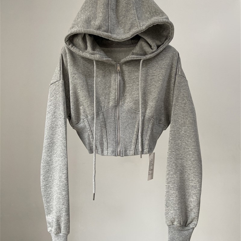 辣妹复古高街连帽卫衣女202y3秋季超短款收腰露脐长袖开衫上衣外