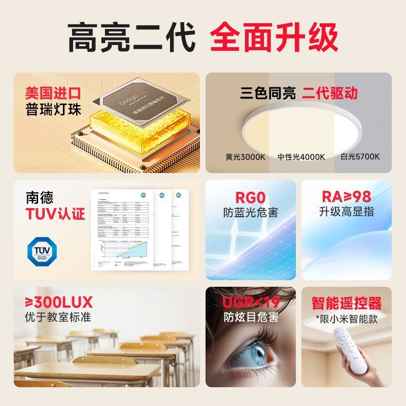 广东中山超薄吸顶灯全光谱护眼普瑞卧室书房儿童房智能客厅灯套餐