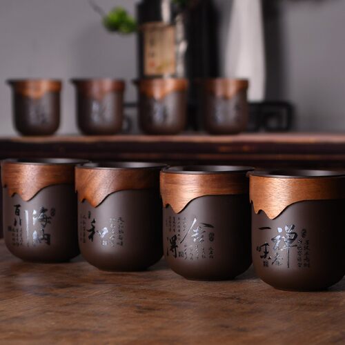 刻字紫砂b公道杯茶海分茶器陶瓷茶漏套装防烫木圈手抓中式家用大