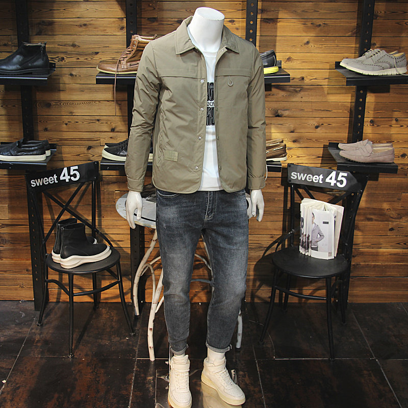 冬装男衬衫羽绒服简约拉炼口袋时尚修身日系净版羽绒夹克翻领羽绒