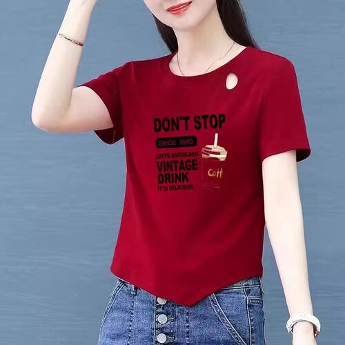 含棉开叉短袖t恤女2024夏季新款显瘦气质不规Q则短款上衣女体恤衫