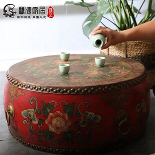 鼓墩鼓凳艺海家俱新中式彩绘牛皮摆件花盆鼓茶几鼓U圆形功夫茶鼓