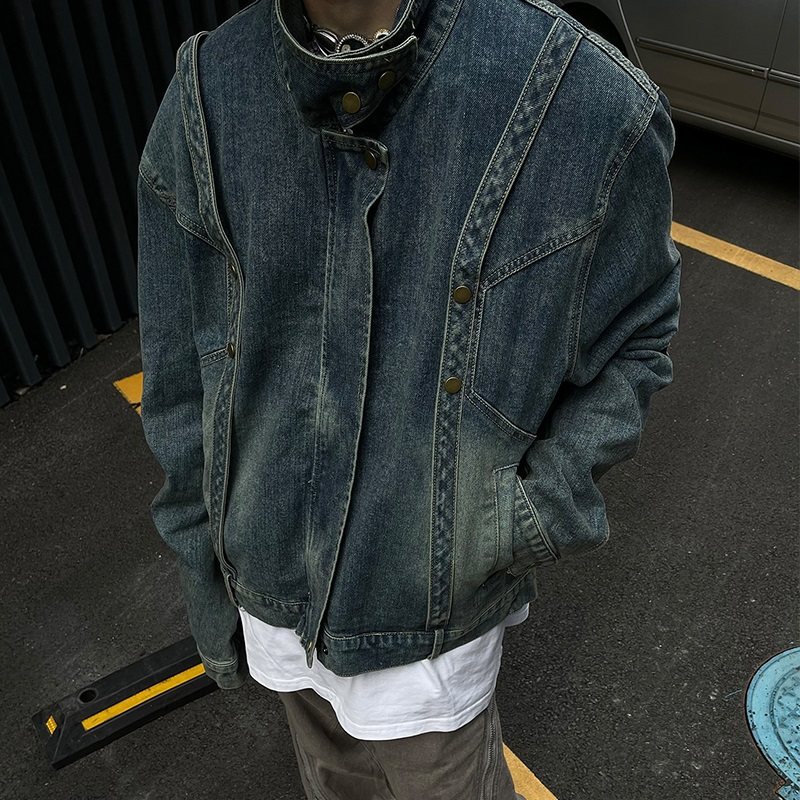 美式高街复古拉链设计感宽松牛仔外套男女工装设计感压褶夹克潮流