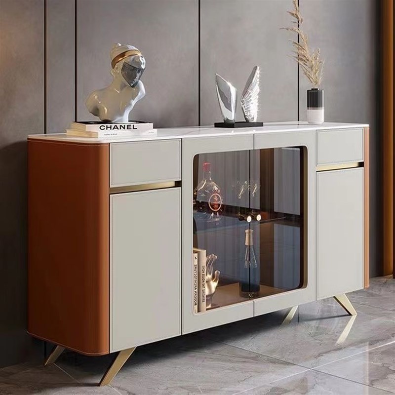 轻奢高档马鞍皮餐边柜小户型家用靠墙G储物柜定制玄关柜岩板茶水