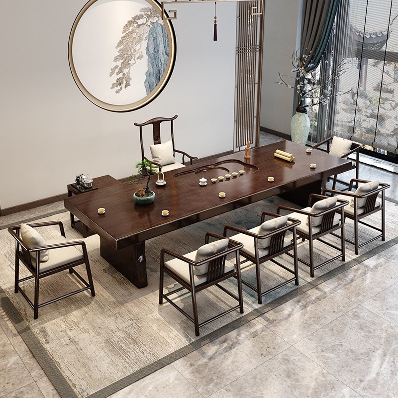 新中式办公室实木茶桌椅组合家用客厅会客泡茶桌简约大板原木茶桌