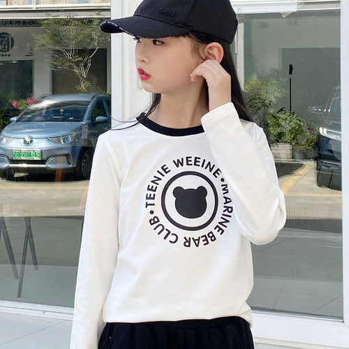 春季新款女童打底衫纯棉儿童长袖At恤撞黑圆领上衣可爱洋气潮白色