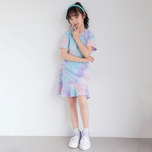 2025女童夏季 扎染抽z繩連衣裙女寶寶荷葉邊裙子洋氣T恤裙 裙子短袖