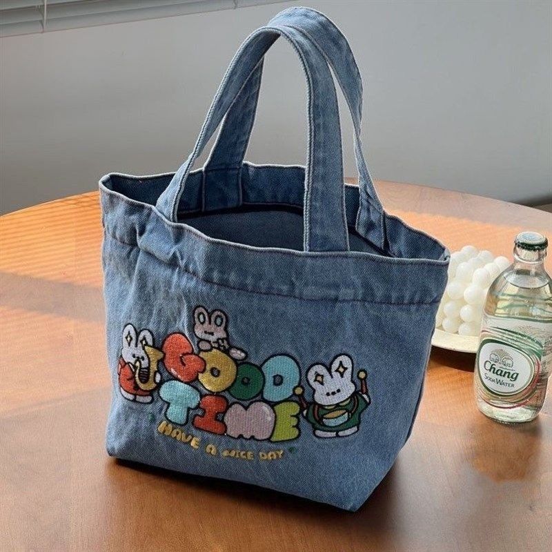 日系卡通刺绣水洗牛仔大容量手提包学生可爱手提袋水桶便当袋包包,箱包皮具/热销女包/男包,腋下包,淘宝优惠券,粉丝福利购,淘宝优惠卷
